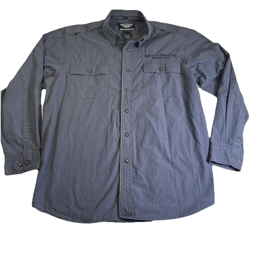 Harley-Davidson Button Down Shirt Mens XL Blue Pinstripe Excellent Long Sleeve